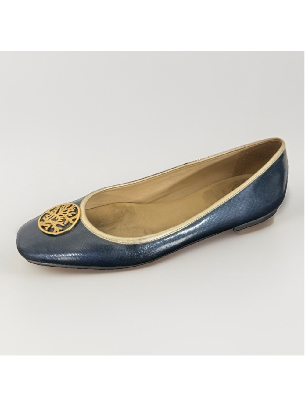 Lilly Pulitzer Blue Patent Leather Flats w/Gold Metal Detail 8.5M Preppy Luxury